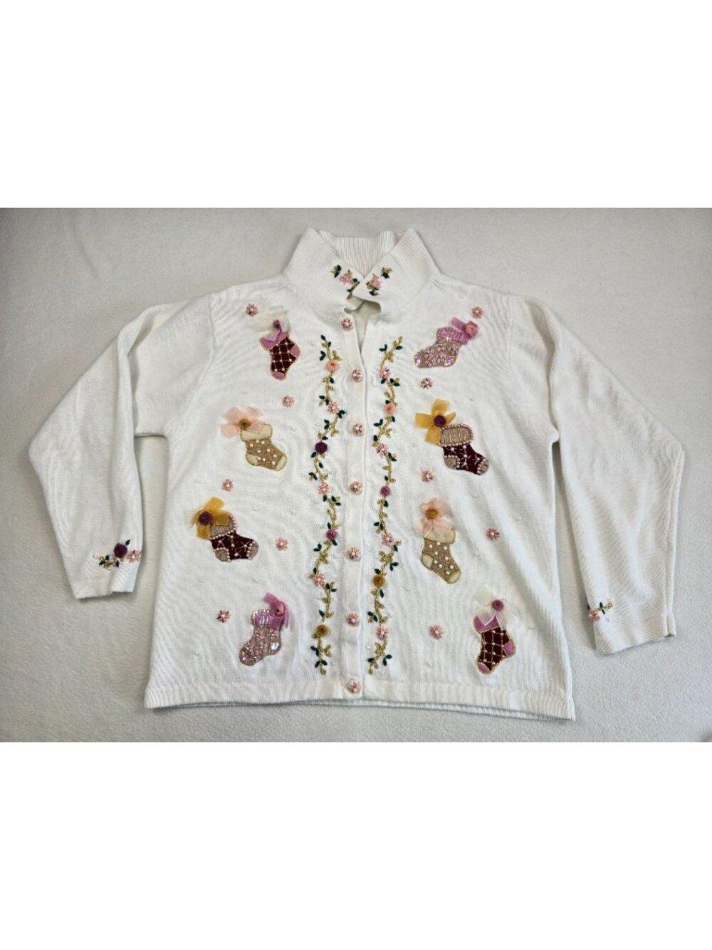 Vintage BP Design Large Floral Embroidered Christmas Holiday Cardigan Stockings